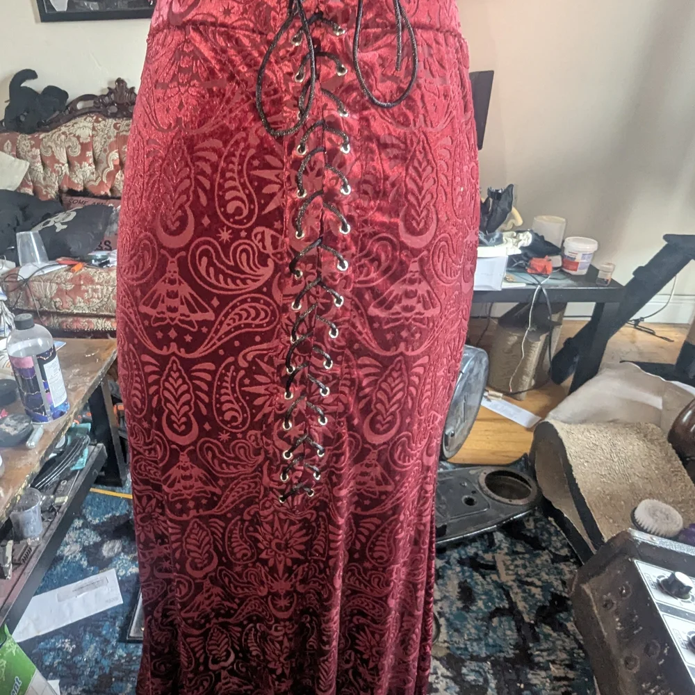 Killstar Red Velvet Burnout Asymmetrical Lace-Up Maxi Skirt - Picture 1 of 4
